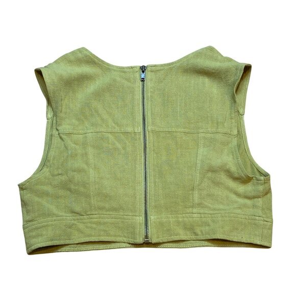 FREE PEOPLE Olive Green Linen Sleeveless Zip-Front‎ Crop Top Size 10 NWT $148.00 - Picture 2 of 7